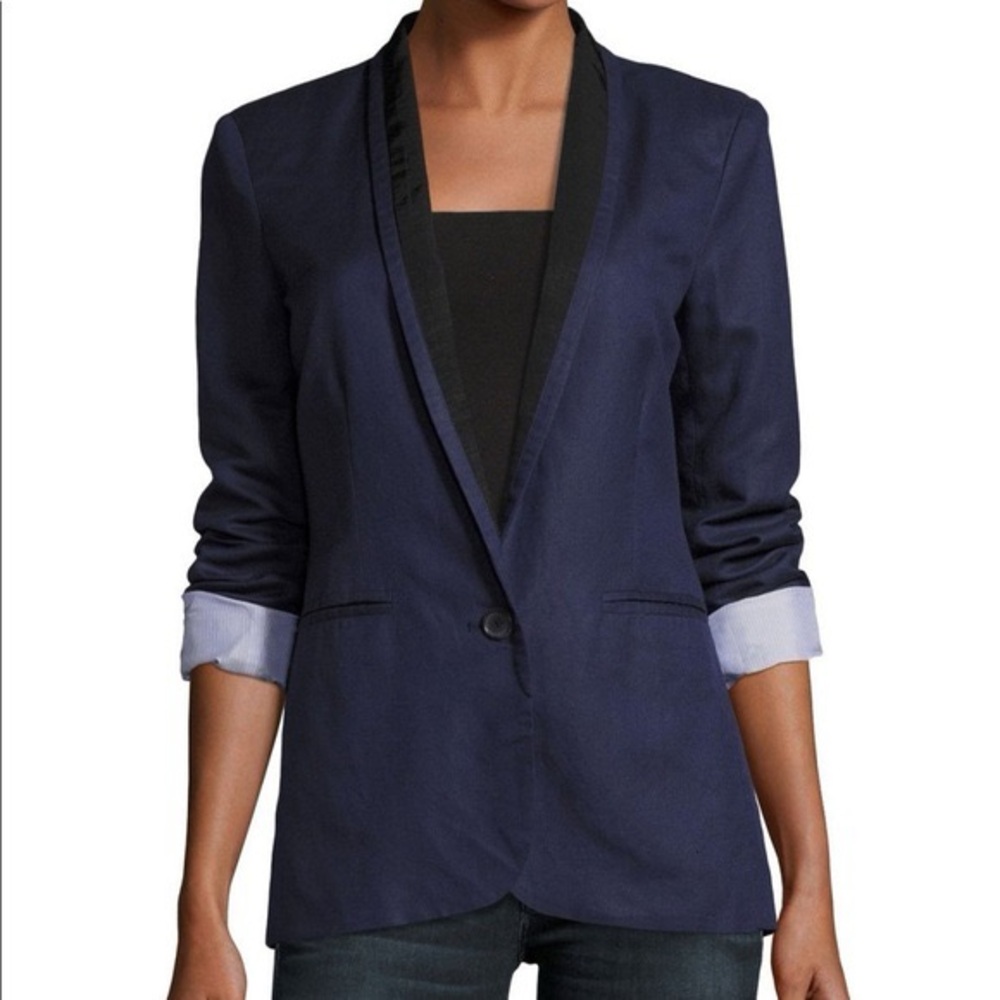 Joie Midnight Blue Linen Blazer with Black Trim Size 6